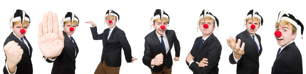 Fototapeta premium Collage of clown businessman isolated on white