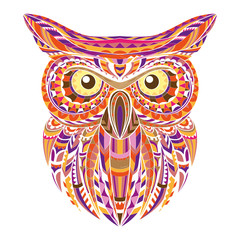 Detailed hand drawn doodle outline owl illustration. Decorative in zentangle style. Patterned fiery on the white background. It may be used for design a t-shirt, bag, postcard, poster and so. Vector.