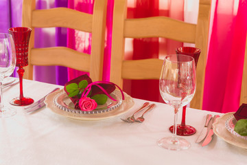 Wedding summer table decoration with flowers. White plates, forks, knifes and wineglasses