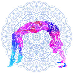 yoga pose over ornate round mandala pattern.