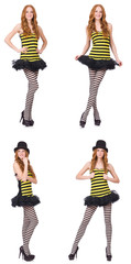 A girl in black and yellow striped dress isolated on white