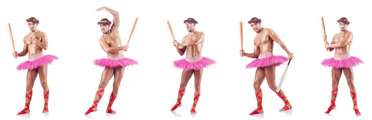 Man wearing ballet tutu isolated on white