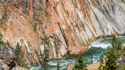 Close up of Grand Canyon of the Yellowstone with river at the bottom near the Lower Falls from Artists Point. Yellowstone National Park, Wyoming