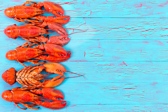 Colorful red lobster border on blue wood