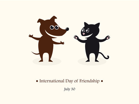 International Day of Friendship vector. Black cat and brown dog. Cartoon characters friends. Vector illustration. Important day