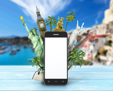 Travel concept. The most popular attractions behind the phone wi