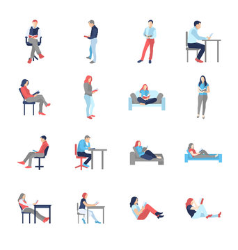People, male, female, in different casual common reading poses