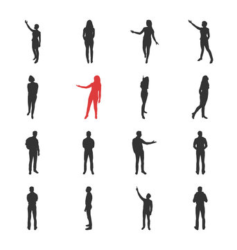 People, male, female silhouettes in different showing and browsing poses