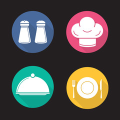 Restaurant kitchen items flat design long shadow icons set