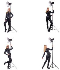 Collage of woman during photo shoot isolated on white