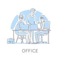 Business characters thin line. Co working people, meeting, teamwork, collaboration and discussion, conference table, brainstorm. Workplace. Office life. Flat design vector illustration.