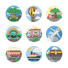 Naklejka premium Mode of transport color detailed vector icons set