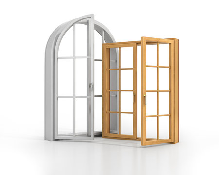 Two wooden windows isolated on a white background.