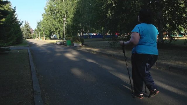 A woman walks through the Park with sticks for Nordic walking Sunny summer morning.