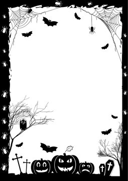 Holiday card on theme of Halloween. Black frame with pumpkins, bats and spiders on gossamers at cemetery on white. Trick or treat