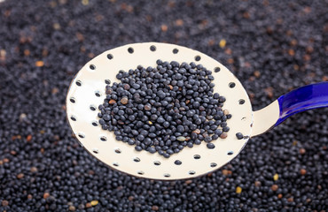 Metallic old spoon on black lentils background