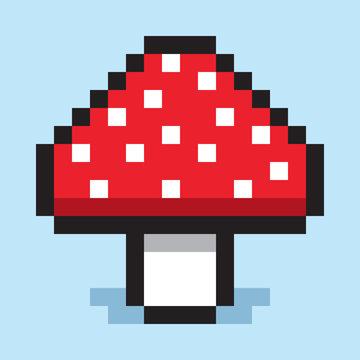 Pixel art, minimalist mushroom amanita, flat web icon, vector design object