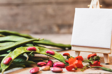 garden beans on wooden table