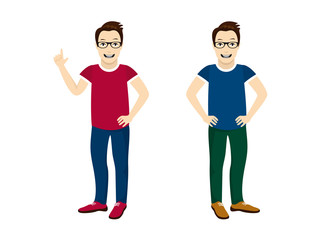 Cartoon happy guy. Vector illustration of a young man. Smiling guy in casual clothes with glasses
