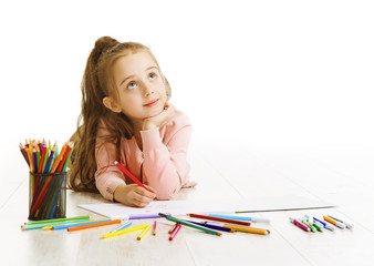 Child Education Concept, Kid Girl Drawing and Dreaming School, White © inarik