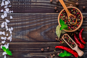 Powder spices on spoons in black wooden table background