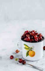 White enamel mug with gooseberry. Light gray background. Vertical photo.
