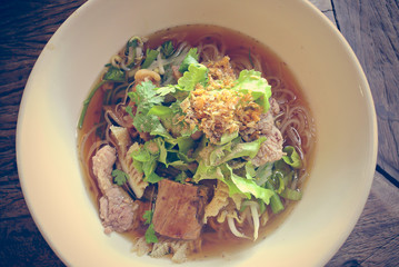Thai Meat Noodle in a bowl. Favorite meal for lunch in Thailand.