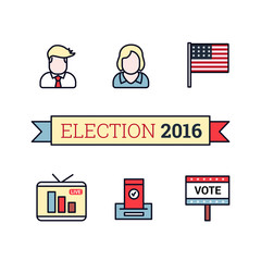 Thin line art icons set. American election 2016. US President, flag, live translation, vote sign and ballot. Vintage flat color style. Vector illustration isolated on white.