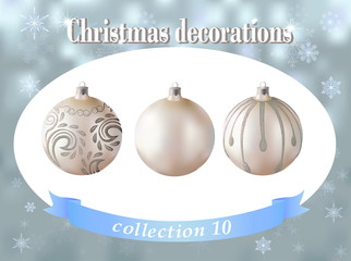 Christmas decorations. Collection of white glass balls with silv