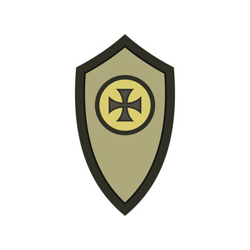 Warrior shield with cross icon in flat style on a white background