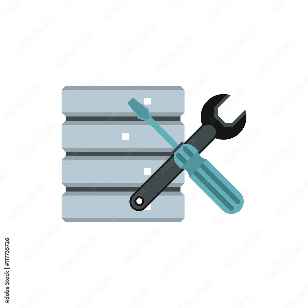 Poster database with screwdriver and spanner icon in flat style on a white background