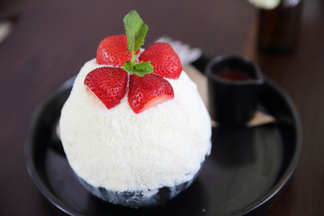 Shaved ice with milk and strawberry