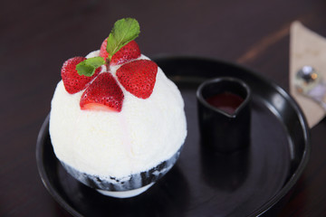 Shaved ice with milk and strawberry