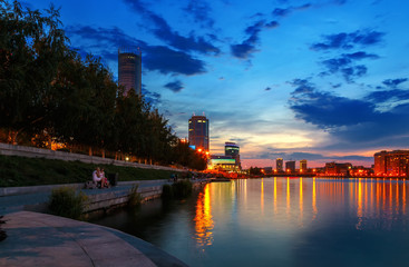 night over the city center and summer pond Yekaterinburg