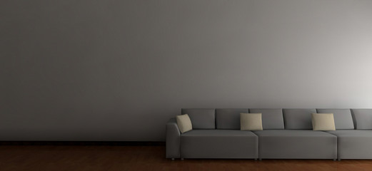 Modern living-room interior with white couch near empty gray wall. 3d render.