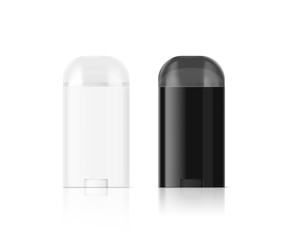 Blank white and black deodorant stick bottle mockup set, clipping path, 3d illustration. Antiperspirant flacon design mock up. Cosmetic skincare packaging flask template. Deodorizer plastic stick.