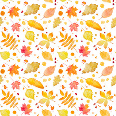 Seamless pattern with autumn leaves and splash. Watercolor paint