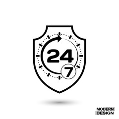 Icon shield with sign - protection around the clock, 24 hours 7 day. Isolated on white background. Vector