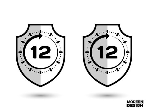 Protection shield with shadow, and sign - 12 hour cycle. Icon isolated on white background. Vector