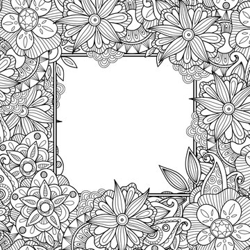 Abstract zentangle style invitation card.  Doodle flowers frame design for card. Vector decorative element border.
