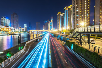 Light Trails On Street During Night,Tianjin China.