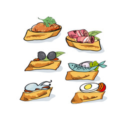 tapas sketch vector illustration. fast food meal concept. snacks
