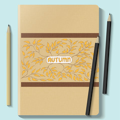 Notebook mock up with autumn pattern on a blue background. Vector Illustration
