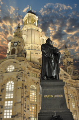 Martin Luther statue at the Dresden Frauenkirche, Church of Our Lady is a Lutheran church in...
