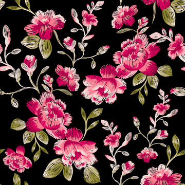 Seamless pattern of peonies. Immitation embroidery.