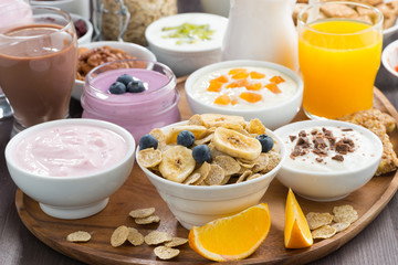 rich breakfast buffet with cereals, yoghurt and fruit