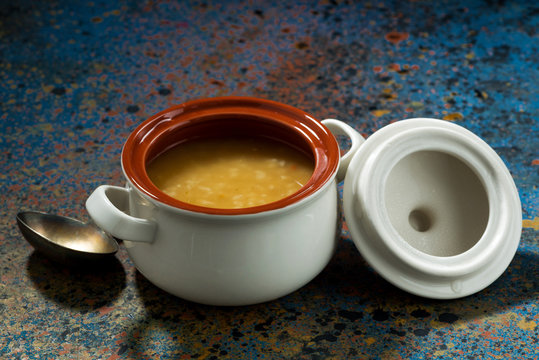 pot of lentil soup on a dark background
