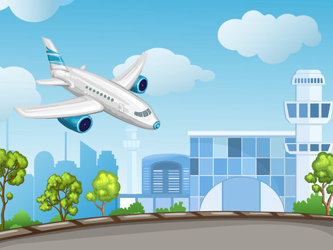 Illustration of airport ,control tower and flying airplane