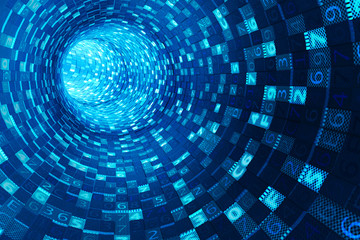 Internet connection, information medium and data communication stream concept, blue tunnel of digital computer code - obrazy, fototapety, plakaty
