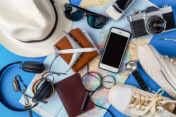 Overhead view of Traveler's accessories, Essential vacation item